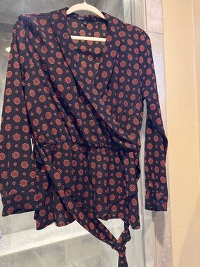 Gibson Black Faux wrap Blouse with Orange Circular Print